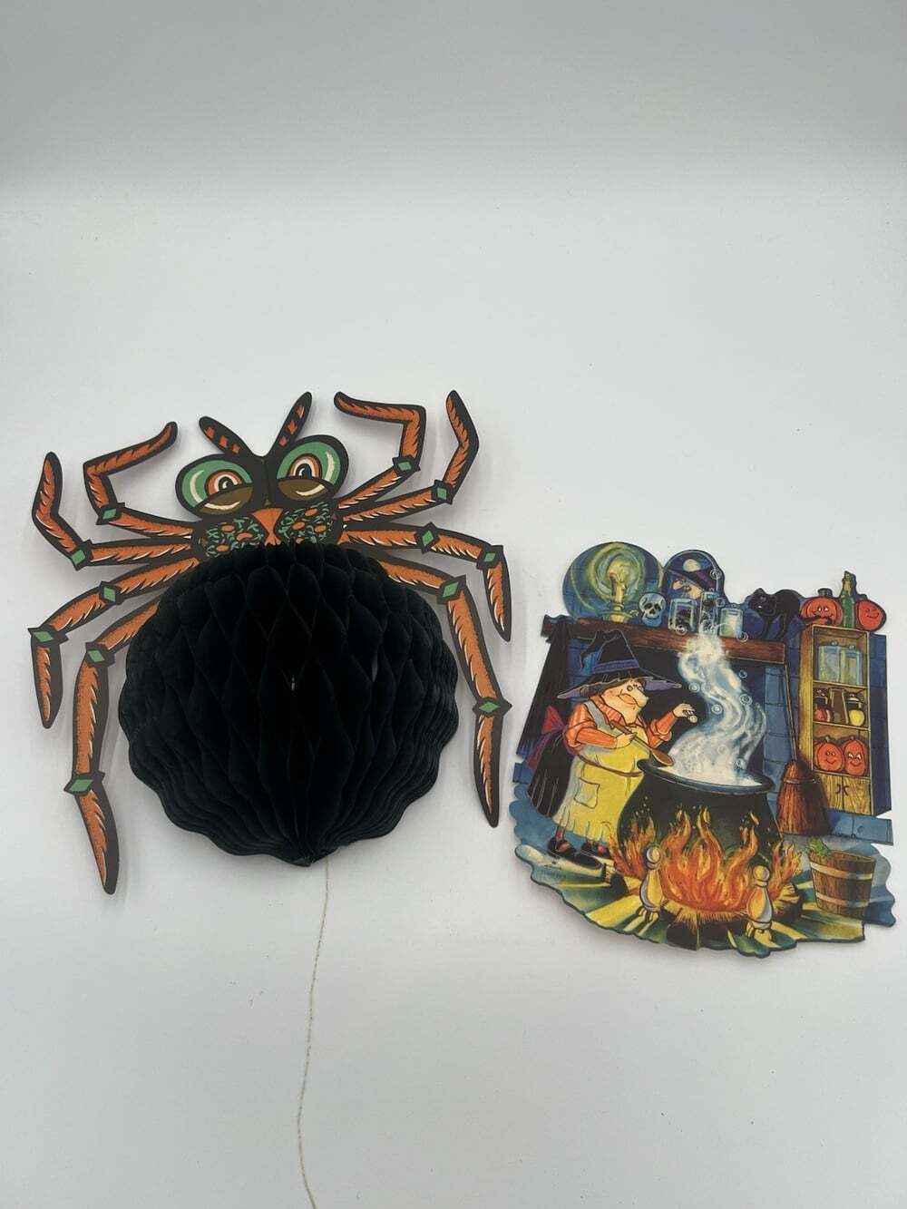 Vintage Hallmark Halloween Die Cut Witch Cauldron + Japan Honeycomb Spider Decor